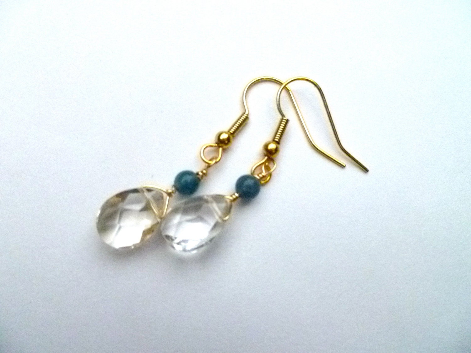 Clear Faceted Glass and Aqua Blue Hemimorphite Dangle Earrings