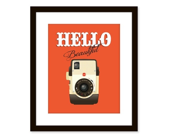 Retro art-vintage camera print-typographic art poster 8x10 - funny quote art - Hello beautiful