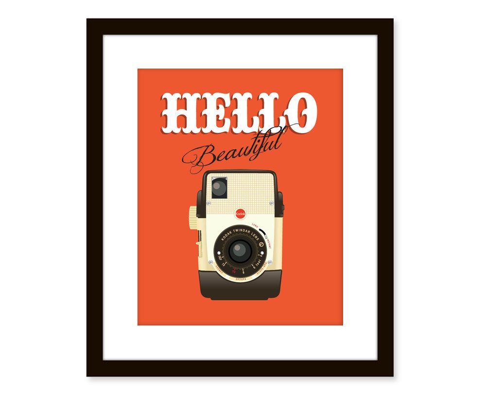 Retro art-vintage camera print-typographic art poster 8x10 - funny quote art - Hello beautiful