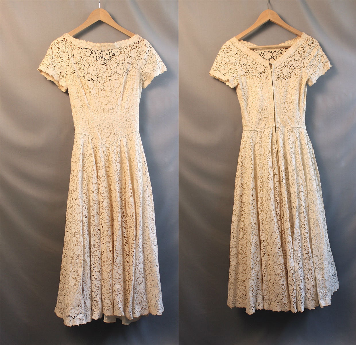 1950s Cream Lace Wedding Prom Dress // Tea Length // Cap Sleeve