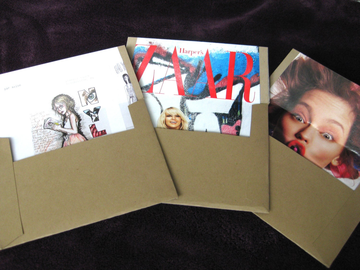 Handmade Envelopes- each with a different fashion or wedding  magazine lining