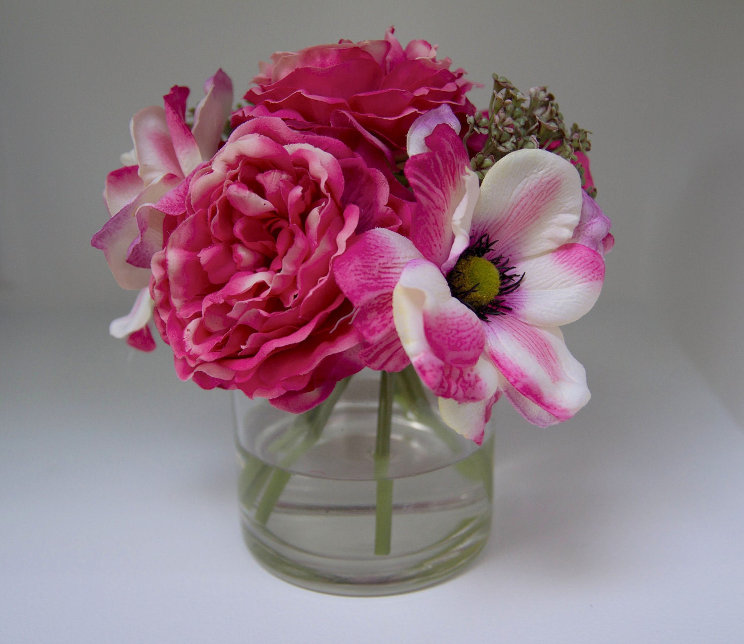 Hot Pink Anemone and Peony Silk Flower Arrangement