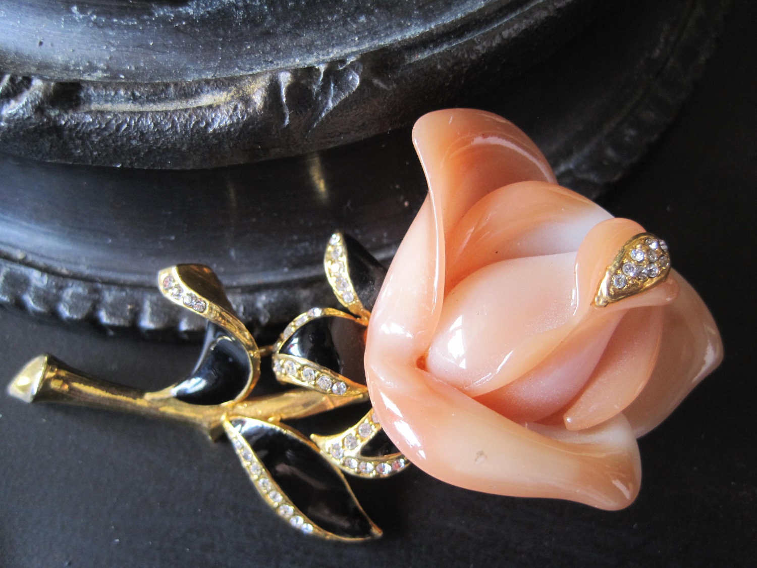 Reserved for Eka Vintage Peach Rose Rhinestone Brooch Pin