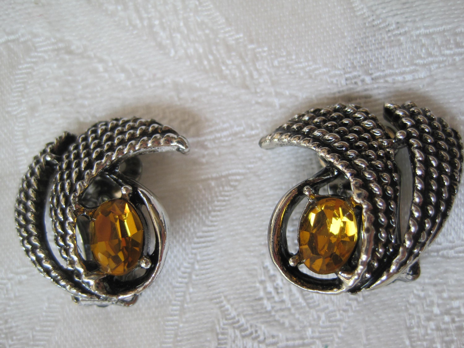 Vintage Silver Amber Rhinestone Earrings