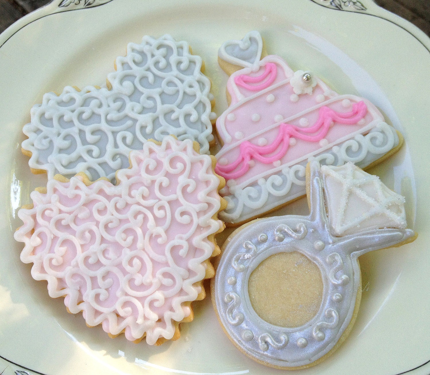 Pink Wedding Cookie Favors Cake Wedding Ring Heart Iced Sugar Cookie Shabby Chic