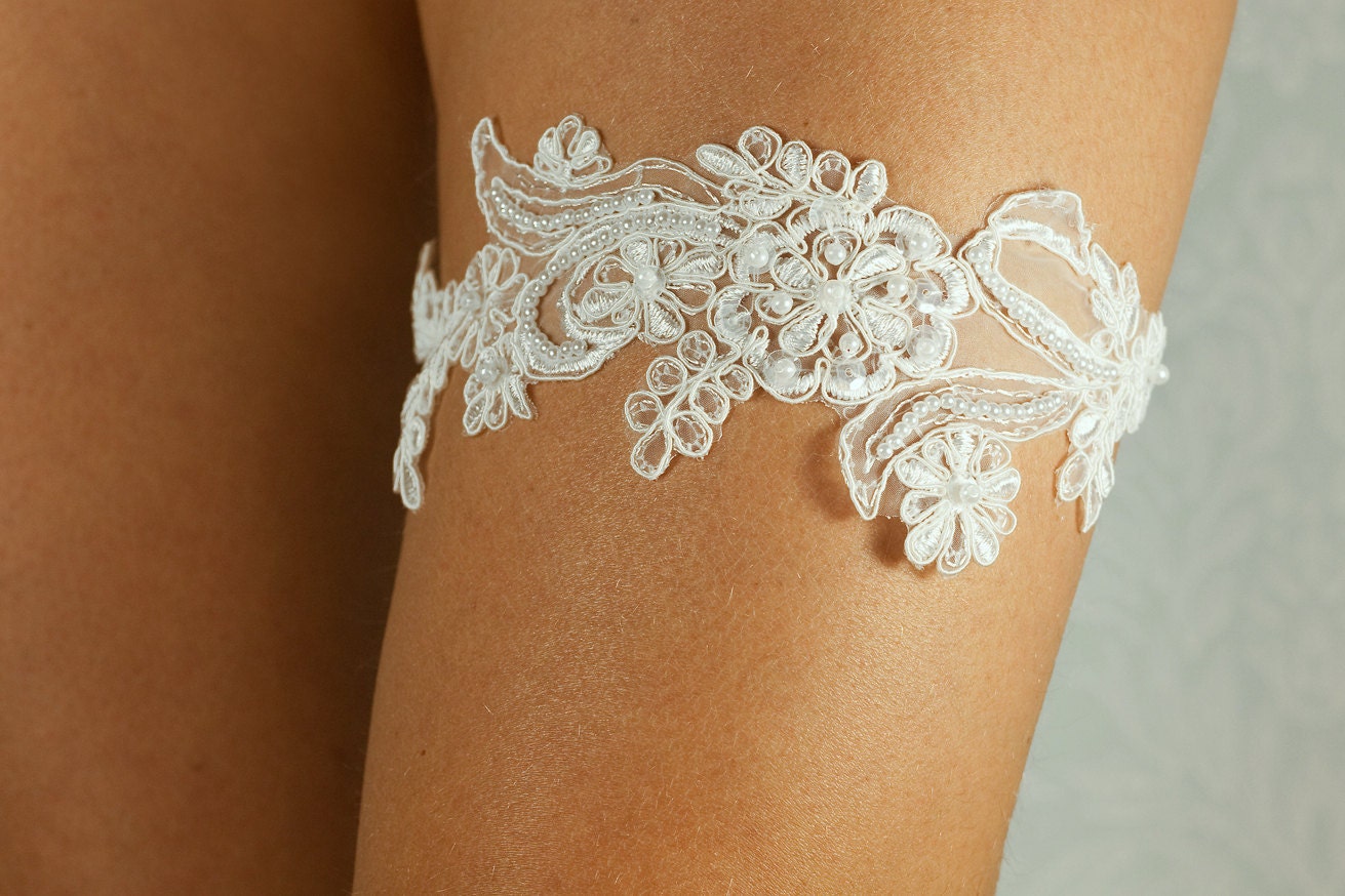 Bridal lace garter, floral beaded lace, ivory garter, beaded lace garter, wedding garters