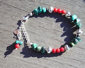 Turquoise, Red Coral, Black Stone, and Silver Plated Bracelet