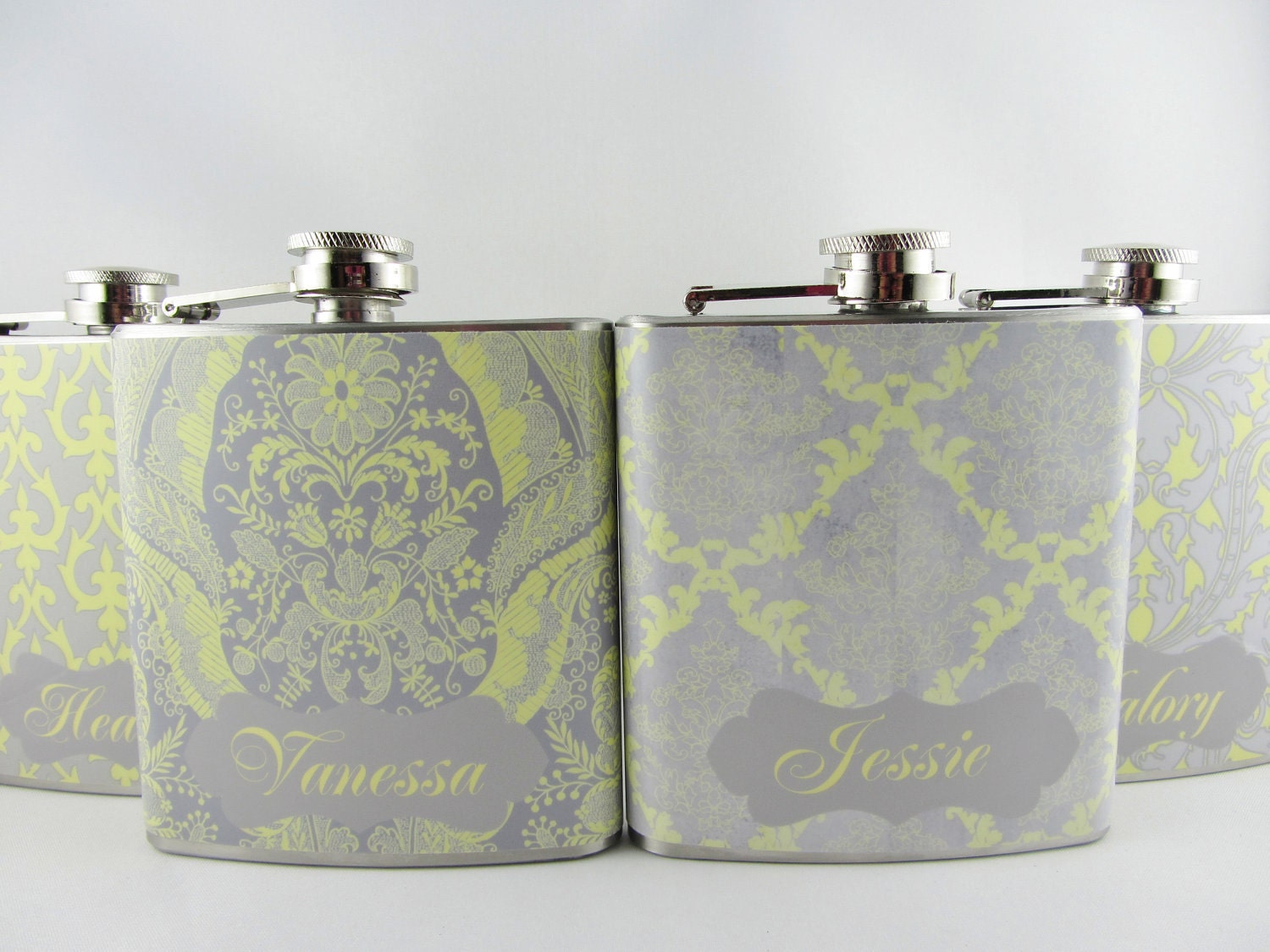 Set of Four 6oz Personalized Yellow and Grey Stainless Steel Flasks - BrilliantBashes