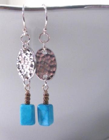 Turquoise Dangle Earrings- Hammered Silver Link - Bronze Bead-Boho-Southwestern-Woman-Teen