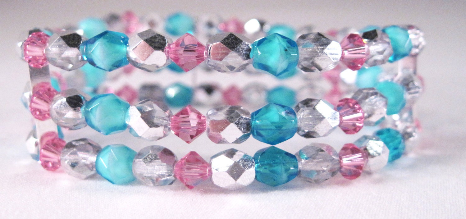 Multi Strand Stretch Bracelet --Swarovski Crystals - Sparkly Czech Glass - Pink - Blue- Silver-Woman-Teen-Handmade Beaded Jewelry