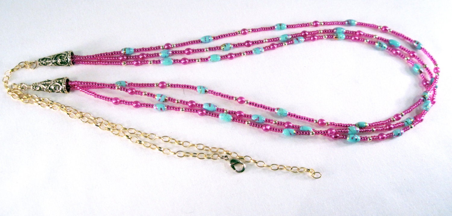 Handmade Multi Strand Glass Beaded Necklace in Pink Blue Gold - Free Ship in US