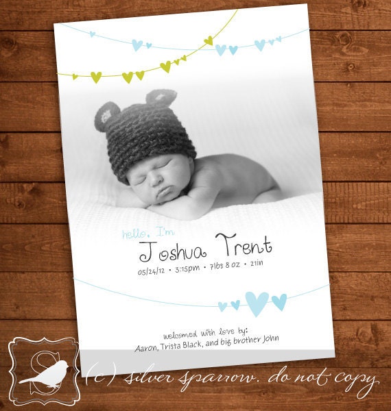 Hearts Baby Announcement, adorable for boy or girl. Customizable Digital File, 5x7 or 4x6