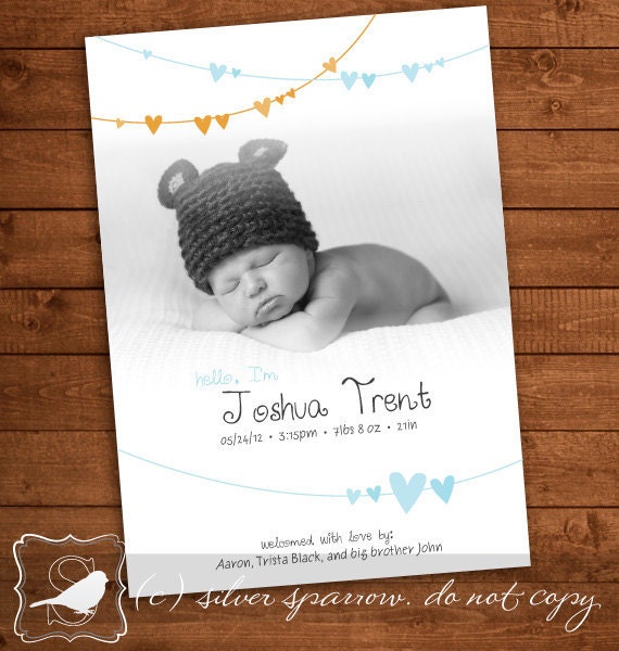 Hearts Baby Announcement, adorable for boy or girl. Customizable Digital File, 5x7 or 4x6