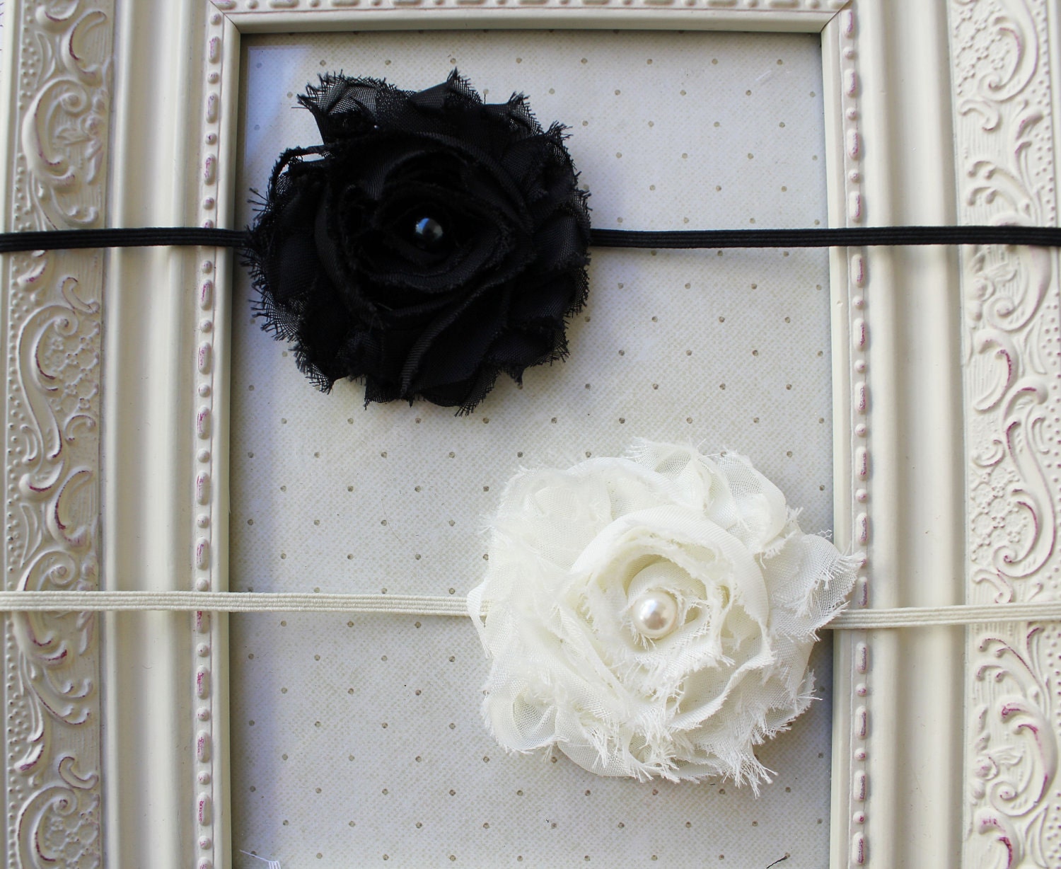 Ebony and Ivory- Chiffon flower headbands, ivory headbands, black flower headbands, baby headbands, newborn headbands, photography prop