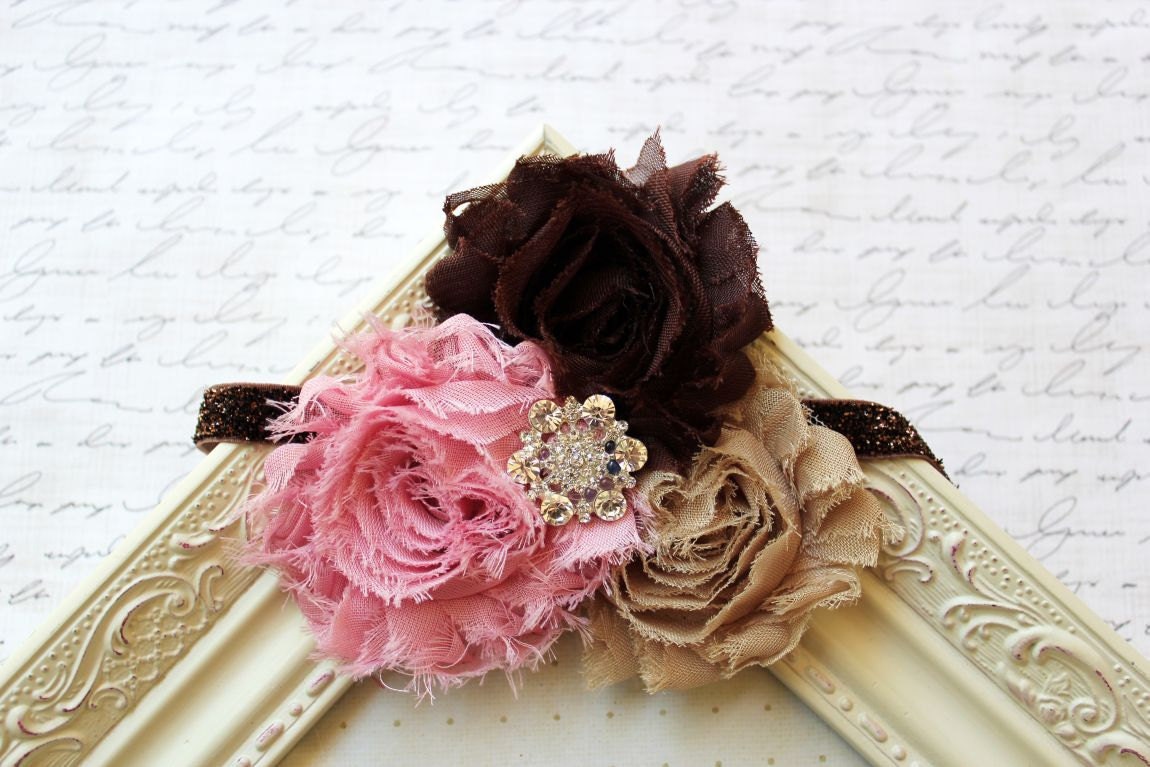 Pink Chiffon flower headband, baby headbands, brown headbands, flower headbands, newborn headbands, glitter headbands, photography prop