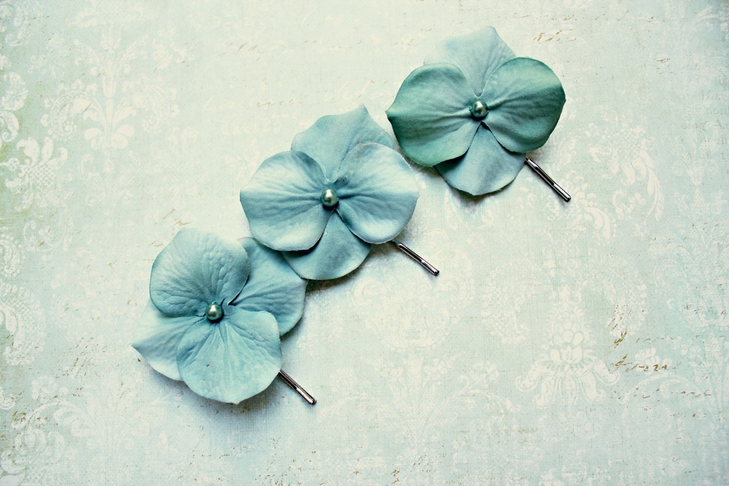 Set of 3 Light Teal Hydrangea hair clips, wedding, bridal, hair accessories, prom