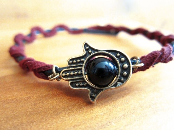 Hamsa Bracelet - Braided Maroon Suede