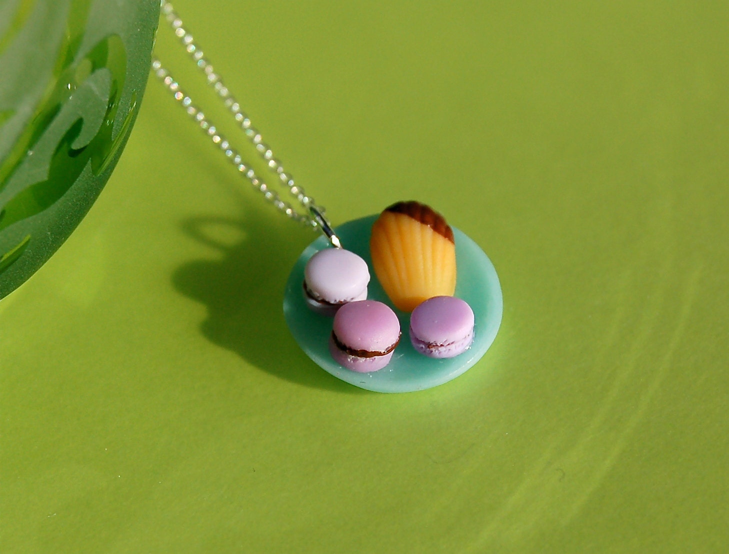 Sterling silver french macarons and madeleine necklace in lilac
