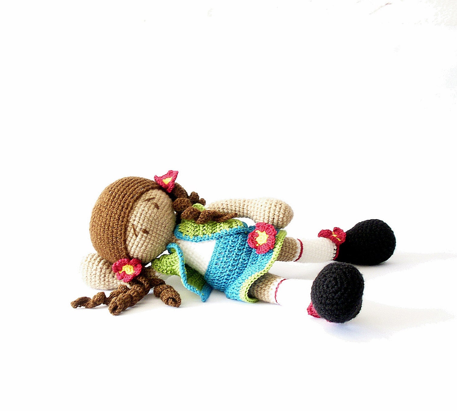 Crocheted Doll with Turquoise Skirt and Green Jacket Crocheted Toy