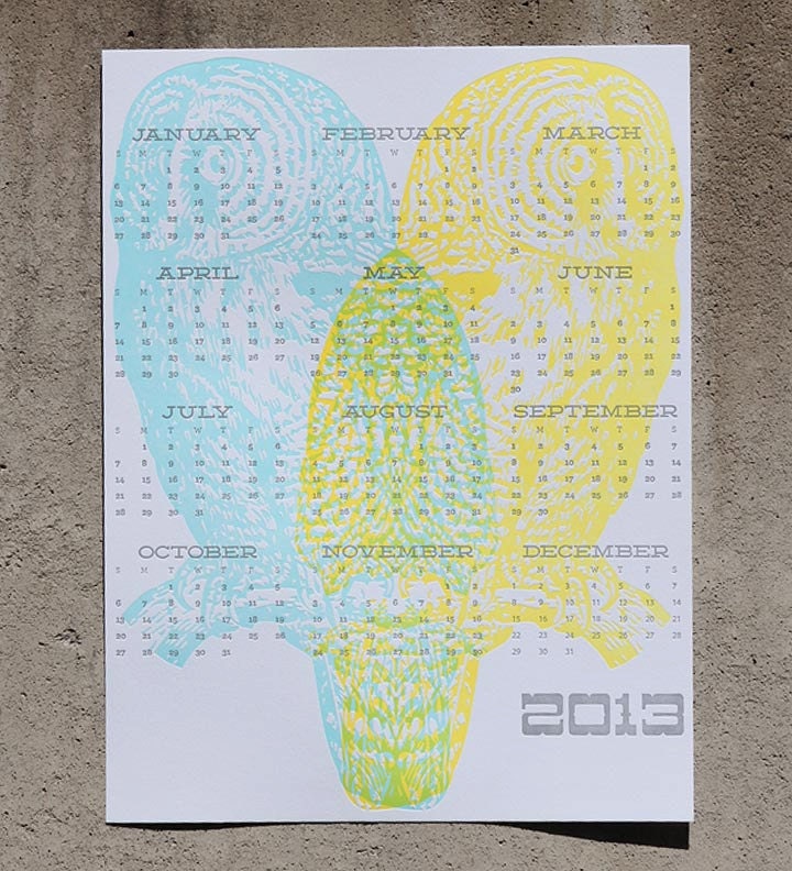 2013 Letterpress Owl Wall Calendar Pale blue & neon yellow