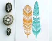 Feather Art - Modern Painting - Watercolor Archival Print - Spring, Yellow, Turquoise