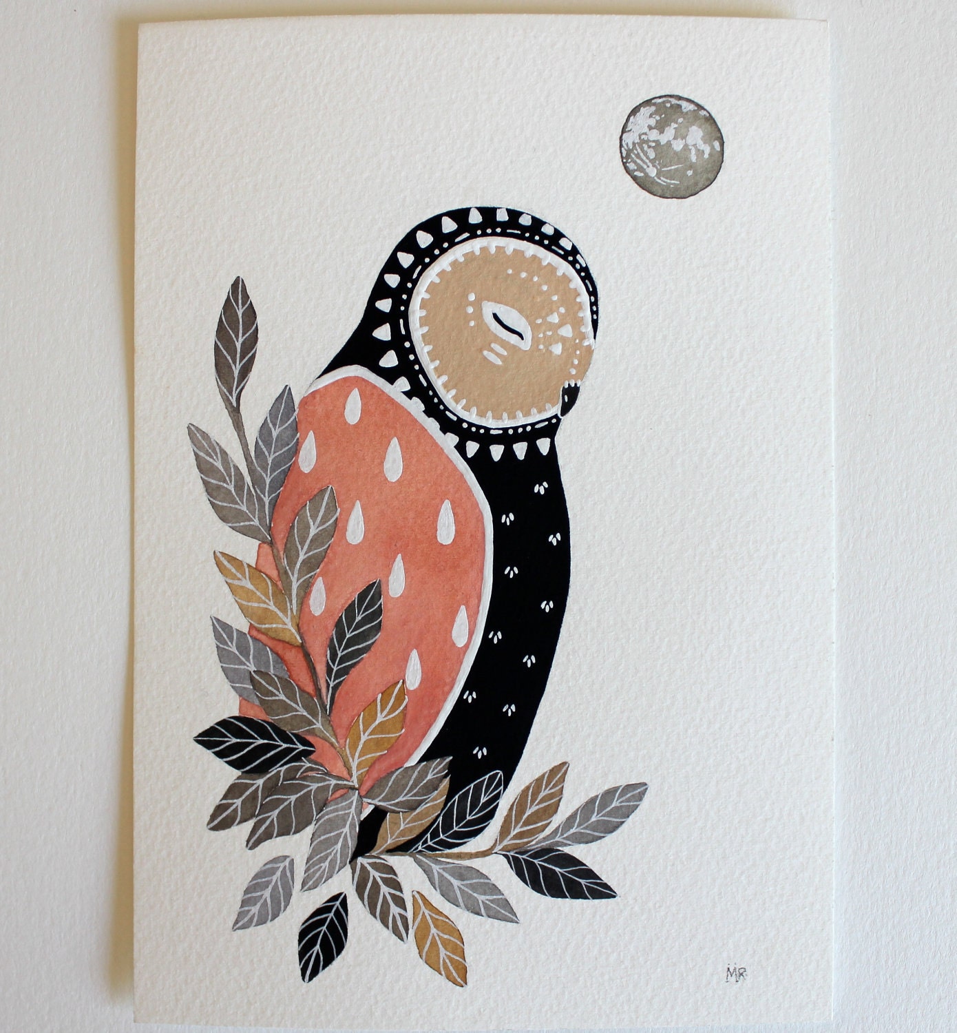 Owl Illustration Painting - Little Owl Luna - Watercolor Art -5x7 Archival Print - pink, black, moon, modern, children
