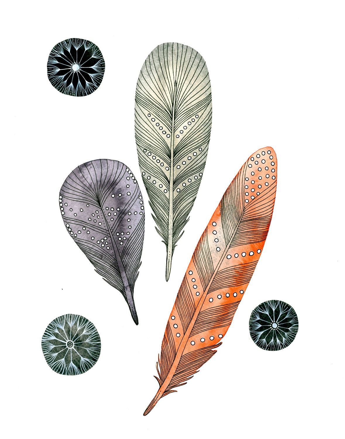 Feathers & Dandelions Watercolor Painting - Art Archival Print - Nature Art