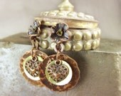 Copper earrings studs with nacre and heart.