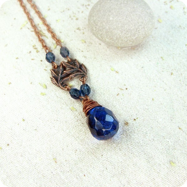 Navy blue Copper Necklace Wire Wrapped OOAK