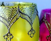 Moroccan Votive Holder with Canary Yellow Glass and Gunmetal Detailing