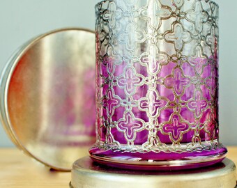 Moroccan Votive Holder with Fuschia Pink Glass and Gunmetal Accents