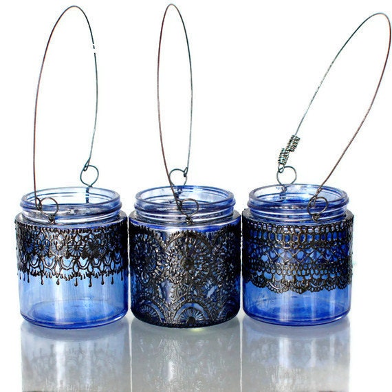 3 Small Morrocan Inspired Candle Lanterns, Amethyst Tinted  Glass With Black Accents