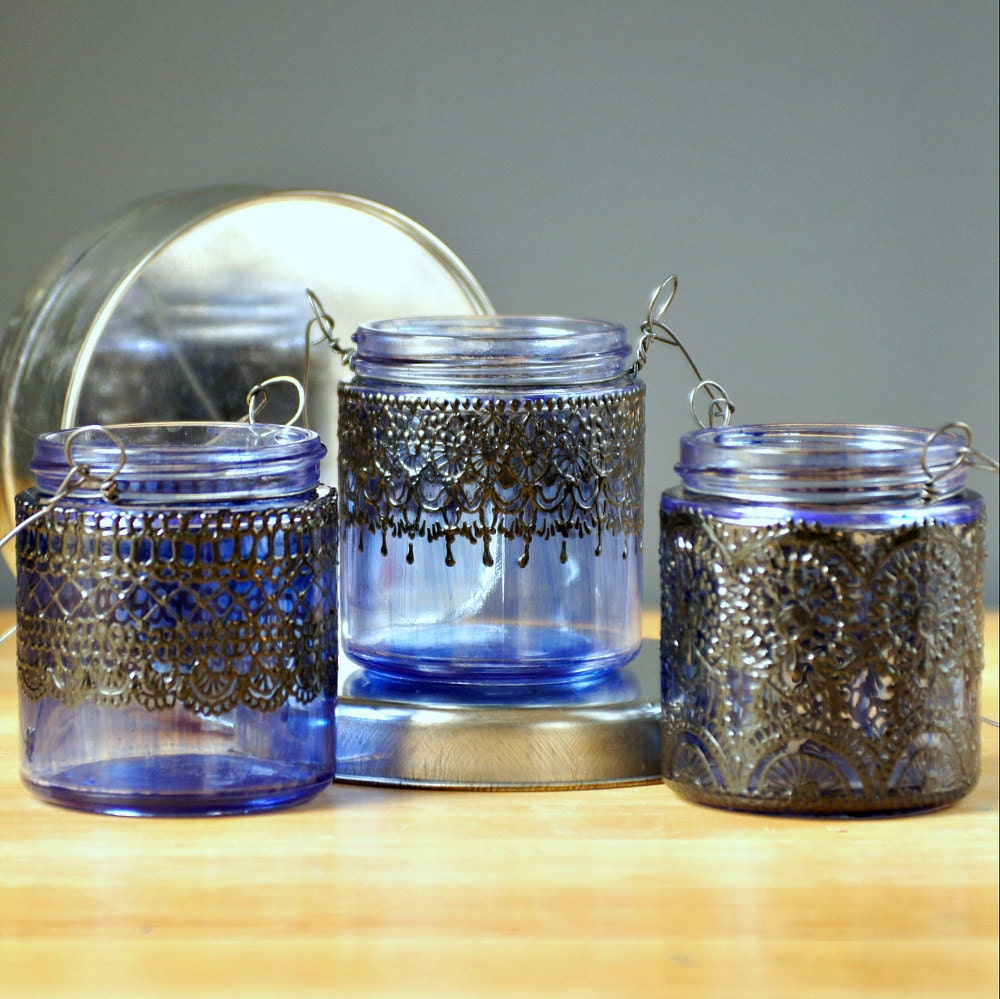 3 Small Morrocan Inspired Candle Lanterns, Amethyst Tinted  Glass With Black Accents