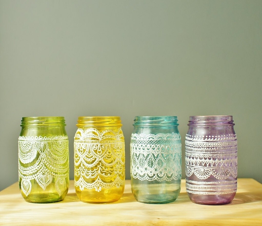 Festive Spring Mason Jars- Handpainted Moroccan Inspired Mason Jars with Pearl White Detailing