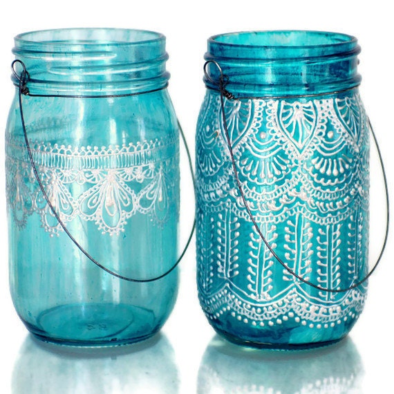 Hand Painted Mason Jar Lantern, with Peacock Blue Glass and Pearl White Eccents