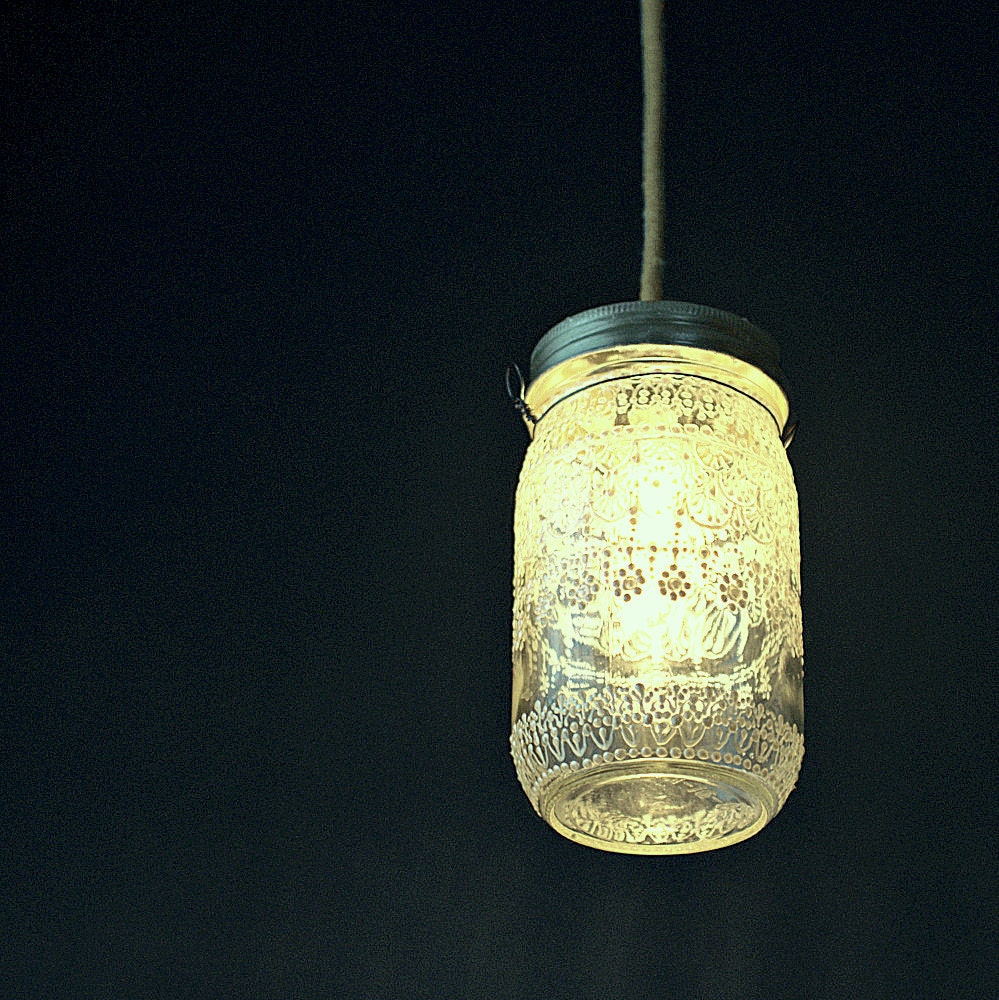 Hand Painted Mason Jar Moroccan Lantern, Lace  Design in White Pearl - on Crystal Clear Glass