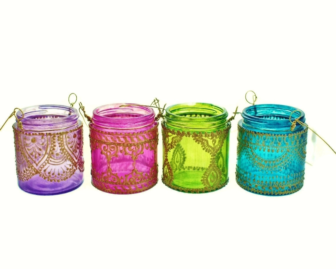 Moroccan Lantern Hanging Jar Candle Holder with Teal Glass and Golden Detailing