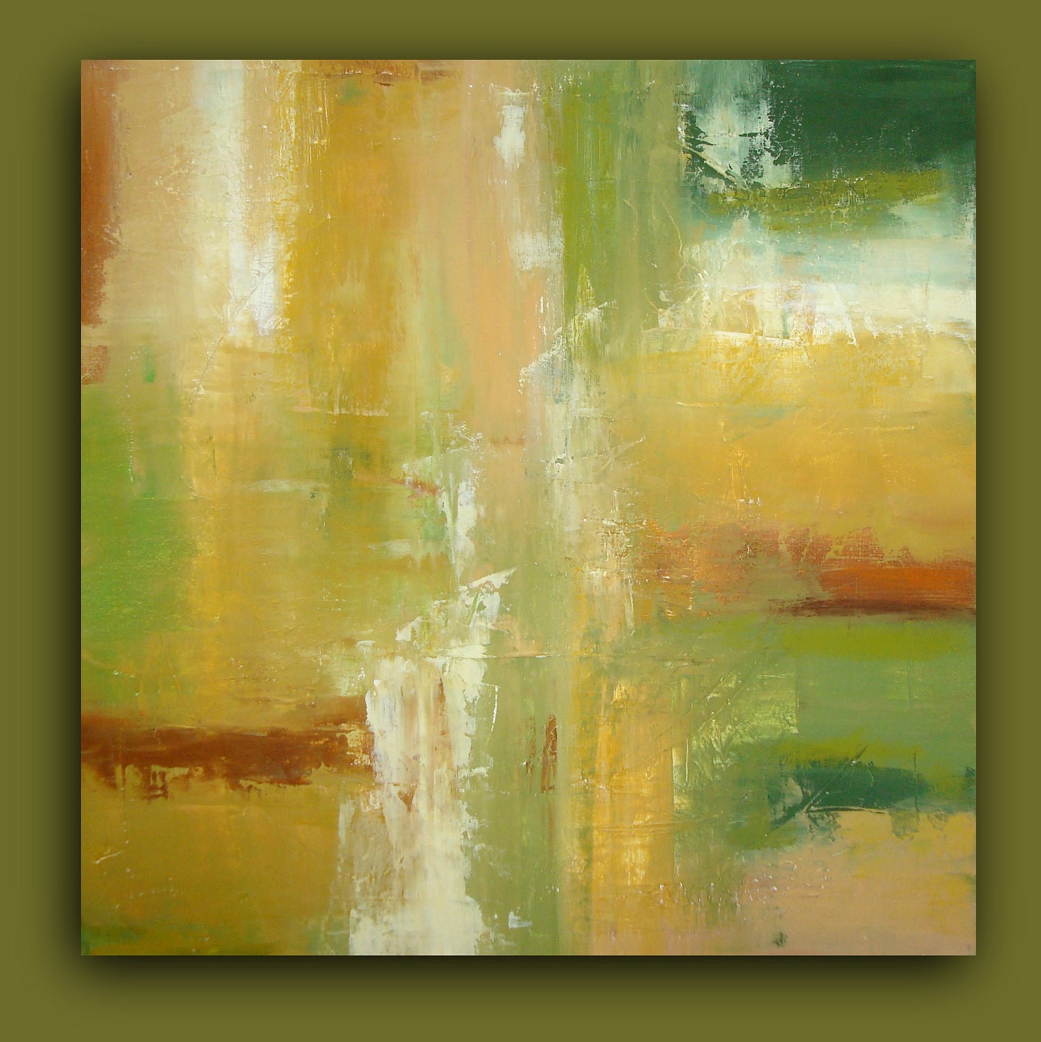 Modern Wall Art Olive and Mustard Art Acrylic Abstract Original Painting Canvas Fine Art MOTHER EARTH 30x30x1.5" by Ora Birenbaum