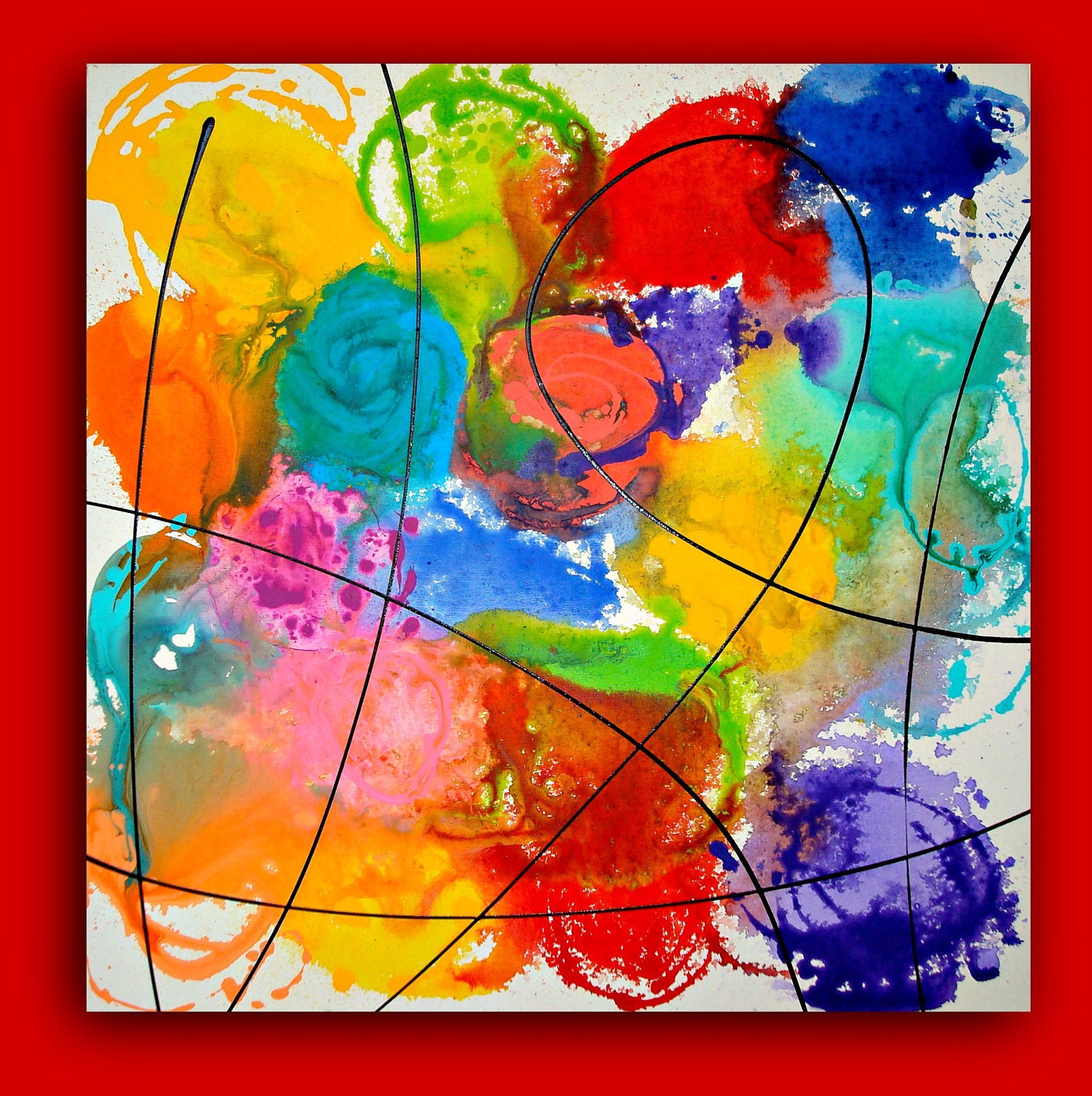 Colorful Bright Acrylic Abstract Original Painting on Gallery Canvas Titled: Kaleidoscope. 30x30x1.5" by Ora Birenbaum