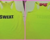Sweat Neon Yellow with Black Glitter wording Work-out Racerback Tank Top