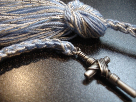 A Taste of the Divine - Quarry Blue and Silver Crochet Book Thong with Pewter Cross