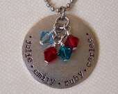 Mothers Grandmothers necklace hand stamped metal personalized with names or words on antiqued silver circle birthstones