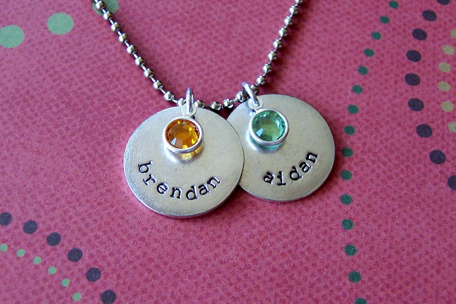 Personalized hand stamped antiqued metal mother's necklace with birthstones names