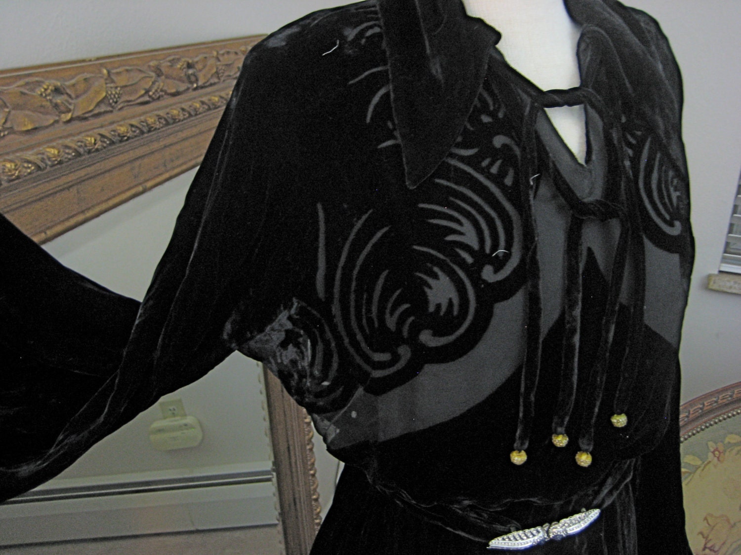 Art Deco 1920s black velvet vintage dress --rhinestone belt, celluloid ornaments and burnout velvet details