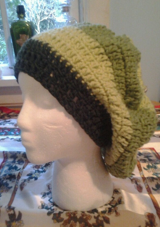 Beaded Crochet Slouchy Beret Hat With Flower Motif - OOAK