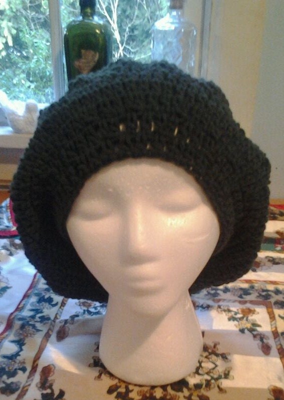 Beaded Crochet Slouchy Beret Hat With Flower Motif - OOAK
