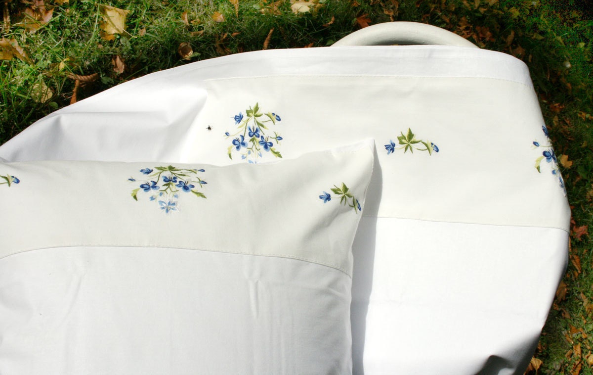 Set of a bedlinen and a pillowcase with embroidered flowers, great spring and summer set