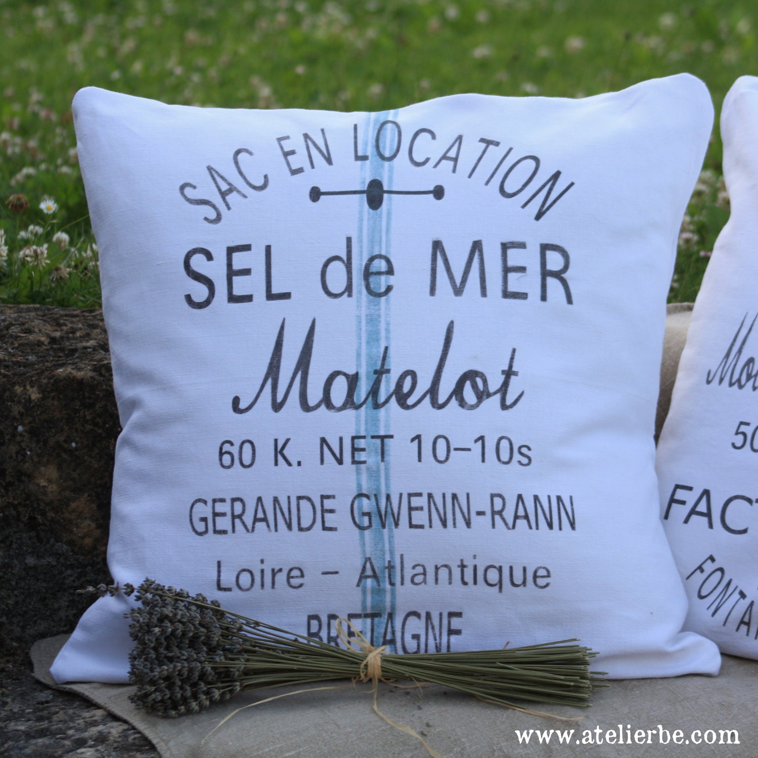 French Country  Vintage Linen Grain Sack Pillow - SEL DE MER