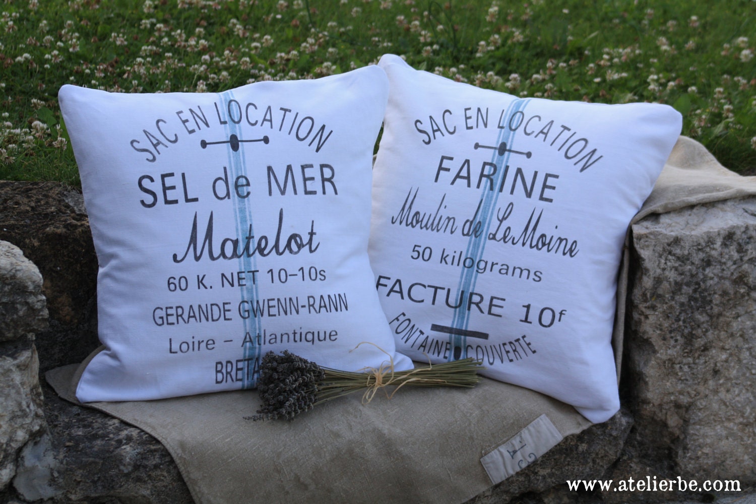 Pair of French Country  Vintage Linen Grain Sack Pillows - Flour & Salt