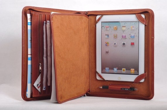 Top grain Multi-functional leather iPad case as your iPad portfolio for your iPad 1 and iPad 2 in Brown